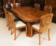 Antique Art Deco Burr Walnut Dining Table & 6 Shaped Back Chairs C1920 20th C