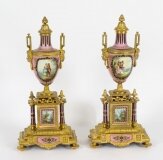Antique Pair French Sevres Porcelain and Ormolu Urns on Stands 19th C