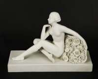 Antique Art Deco Bisque Porcelain Sculpture & 34 Seated Nude With Flowers& 34 C1920