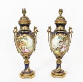 Antique Pair Large French Cobalt Blue Sevres Style Vases Lamps 19th C