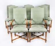 Vintage Set 8 Upholstered High Back Oak Dining Chairs 20th C