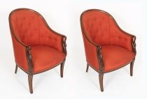 Vintage Pair French Louis XV Revival Swan Tub Armchairs Mid 20th Century