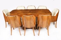 Antique Art Deco Burr Walnut Dining Table & 8 Cloud Back Chairs C1920
