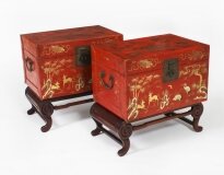 Antique Pair Chineses Red Lacquered Leather Chinoiserie Trunks 19th C