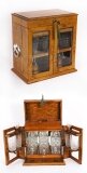Antique Pollard Oak Three Crystal Decanter Tantalus Dry Bar Humidor 19th C