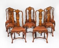 Antique Set 8 Dutch Marquetry Walnut High Back Dining Chairs Late 18th C