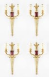 Antique Set 4 Ormolu and Veined Rouge Marble Twin Branch Wall Lights 20th C