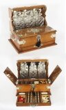 Antique 3 Crystal Decanter Oak Tantalus Dry Bar Games Compendium 19th C