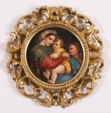 Antique Porcelain Plaque & 34 Madonna Della Seggiola& 34 in Florentine Frame 19th C