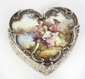 Antique Continental Silver & Enamel Heart Pill Box 20th C