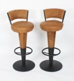 Antique Pair Walnut and Tan Leather Art Deco Bar Stools 20th Century