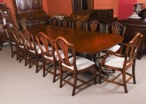 Vintage 10ft Twin Pillar Mahogany Dining Table & 12 Hepplewhite Chairs 20th C