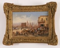 Antique Oil Painting Italian Harbour Scene 19th C
