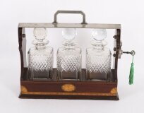 Antique Inlaid Walnut Three Cut Crystal Decanter Tantalus C1870 19th C