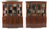 Antique Pair English Flame Mahogany Library Breakfront Bookcases 19th C