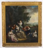 Antique Oil on Canvas Painting & 34 Party Picnicking& 34 After Watteau 18thC