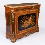Antique French Floral Marquetry Marble Topped Side Cabinet Circa 1900