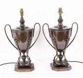 Vintage Pair Twin Handled Bronze Classical Urn Lamps 20th Century