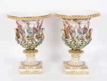Antique Pair Large Italian Naples Capodimonte Urns Vases 19th C
