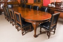 Antique Queen Anne Revival Burr Walnut Dining Table & 10 Chairs 19th C