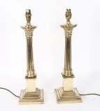 Vintage Pair Corinthian Column Bronze Table Lamps mid 20th C