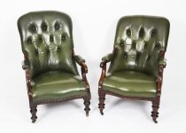 Antique Pair Victorian His & Hers Green Leather Armchairs 19th C