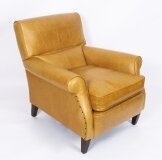Antique English Art Deco Club Leather Armchair Caramel Tan, Circa 1930