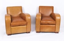 Bespoke Pair English Handmade Art Deco Leather Arm Chairs Bruciato