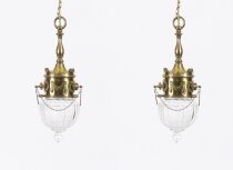 Antique Edwardian Pair Brass & Cut Crystal Ceiling Lights Circa 1900