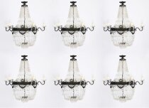 Antique Set 6 Louis Revival 14 light Ballroom Cut Crystal Tent Chandeliers c1920