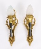 Antique Pair Rococo Revival Ormolu & Glass Flaming Torch Wall lights 