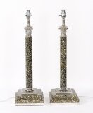 Vintage Pair 2ft Silver Plate & Agate Corinthian Column Table Lamps 20th C