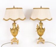 Antique Pair Neoclassical Ormolu & Pink Marble Table Lamps 20th C