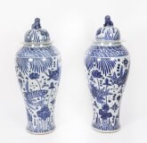 Antique Pair Japanese Kangxi Blue & White Arita Porcelain Temple Lidded Vases