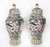 Vintage Pair 5ft Hand Enamelled Famille Noire Chinese Temple Vases Mid 20th
