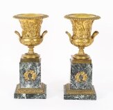 Antique Pair French Grand Tour Gilt Bronze & Marble Urns 19th C