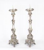 Antique Pair Large Baroque Silver Plated Ecclesiastical Candlesticks 19th C
