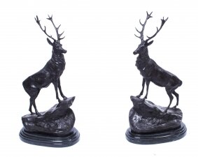 Vintage Pair of Large Bronze Stag Statuettes After Moigniez 20th C