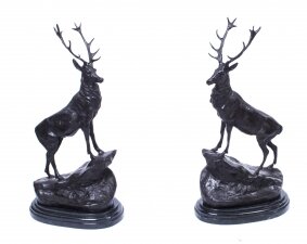 Vintage Pair of Large Bronze Stag Statuettes After Moigniez