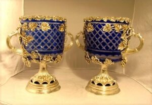 Pair Huge Silver Plated Wine Coolers w/ Blue Cut Glass | Ref. no. 00281 | Regent Antiques
