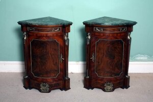 Pair Burr Walnut Low Corner Cabinets Green Marble Tops | Ref. no. 00289 | Regent Antiques