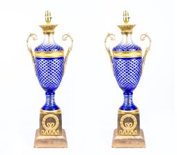 Pair Blue Cut Glass & Ormolu Empire Style Lamps Wired | Ref. no. 00635 | Regent Antiques