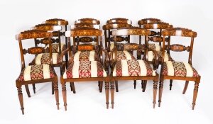 Set 12 Regency Revival Burr Walnut Marquetry Dining Chairs