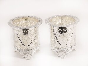 Antique Pair Silver Plated English Wine Coasters 20th C