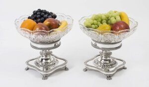 Vintage Pair of English Silver Plate & Cut Glass Compotes 20h C