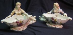 Vintage Pair of Gilded Porcelain Salt Dishes Dresden Revival 20th C