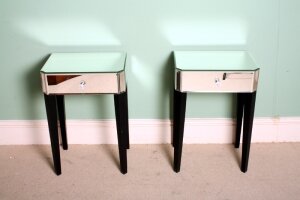 Pair Mirrored & Ebony Bedside Tables 1950s Style | Ref. no. 01704 | Regent Antiques