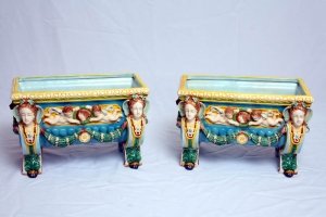 Pair Hand Painted Minton Style Majolica Jardinieres | Ref. no. 02397 | Regent Antiques