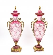 Pair Pink Sunburst Cut Crystal Glass Vases Ormolu Mounts | Ref. no. 03109 | Regent Antiques