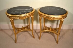 Vintage Pair of Louis Revival Giltwood Marble Top Occasional Tables 20th C